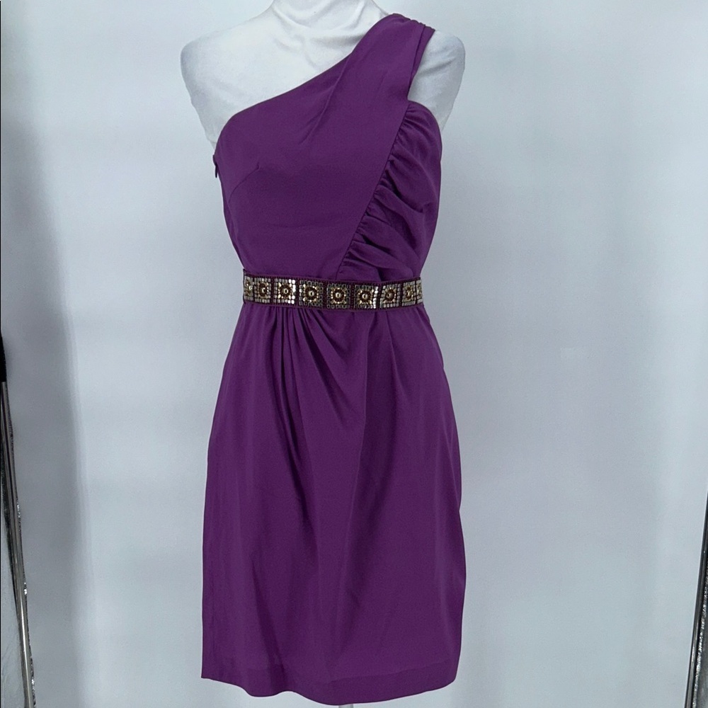 Trina Turk LaRoux Violet Purple Silk One Shoulder Mini Sheath Dress Ruffle 6 - Picture 3 of 15